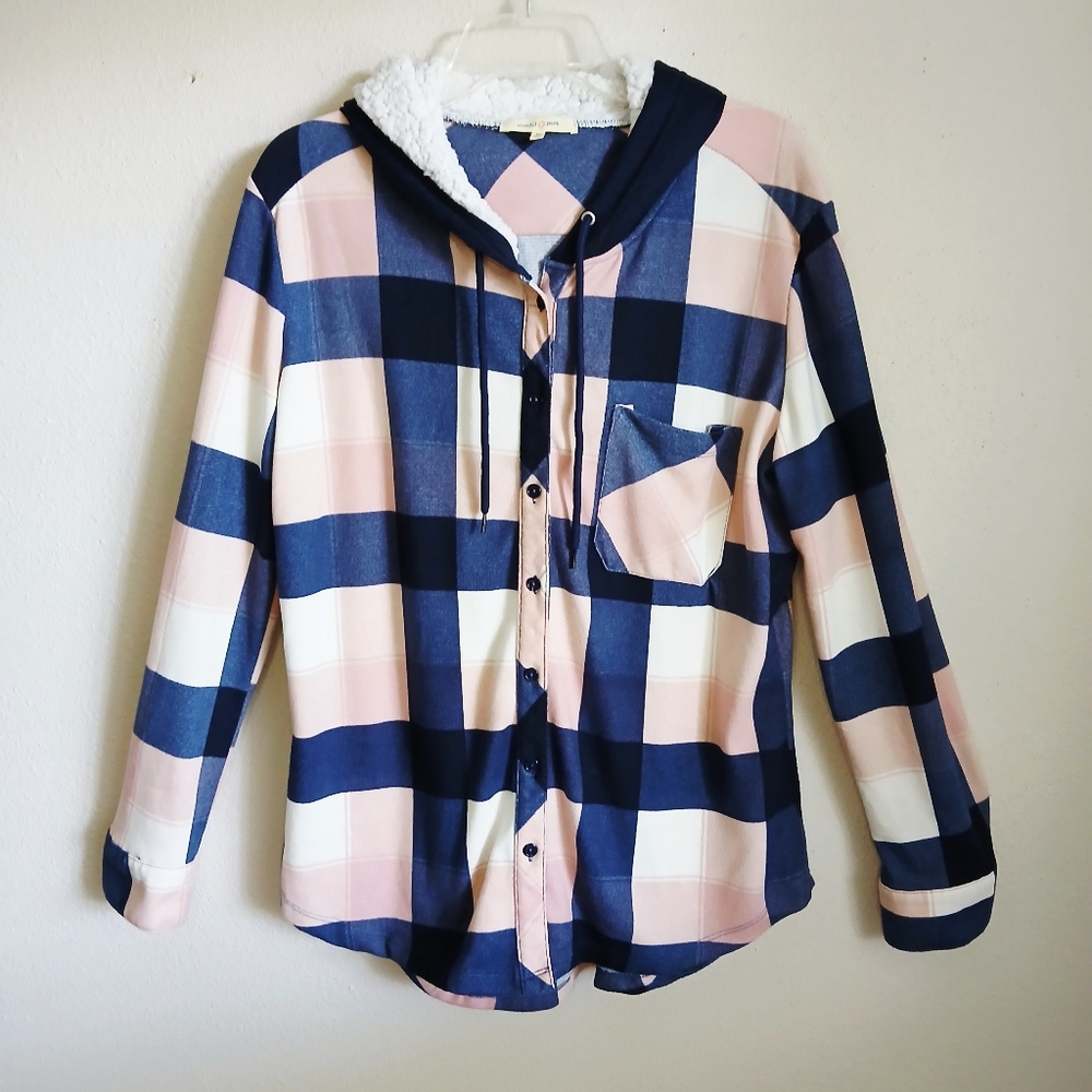 Wishful Park Blue and Tan Plaid Shirt With Fleece Hoodie Womens Size XL